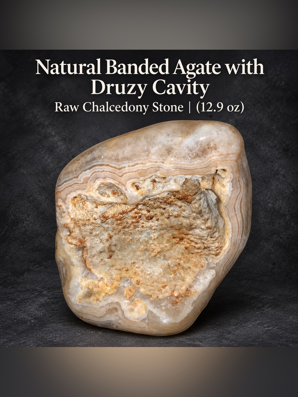 Natural Banded Agate with Druzy Cavity • Raw Chalcedony Stone • 12.9 oz